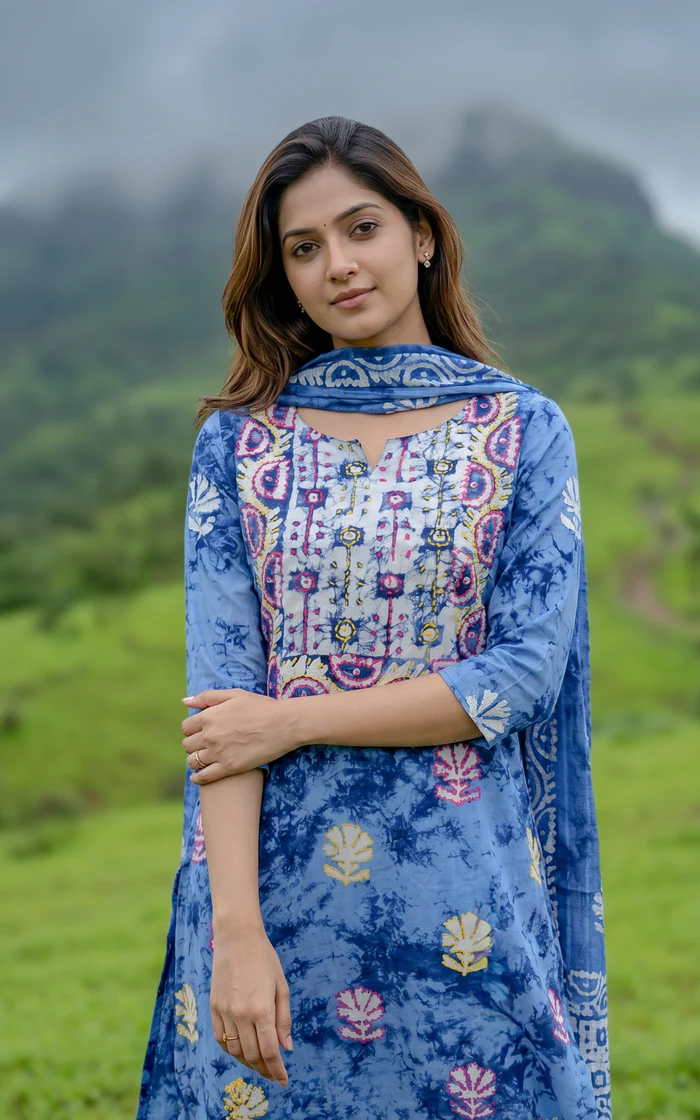 Periwinkle Blue Floral Printed Straight Salwar Set